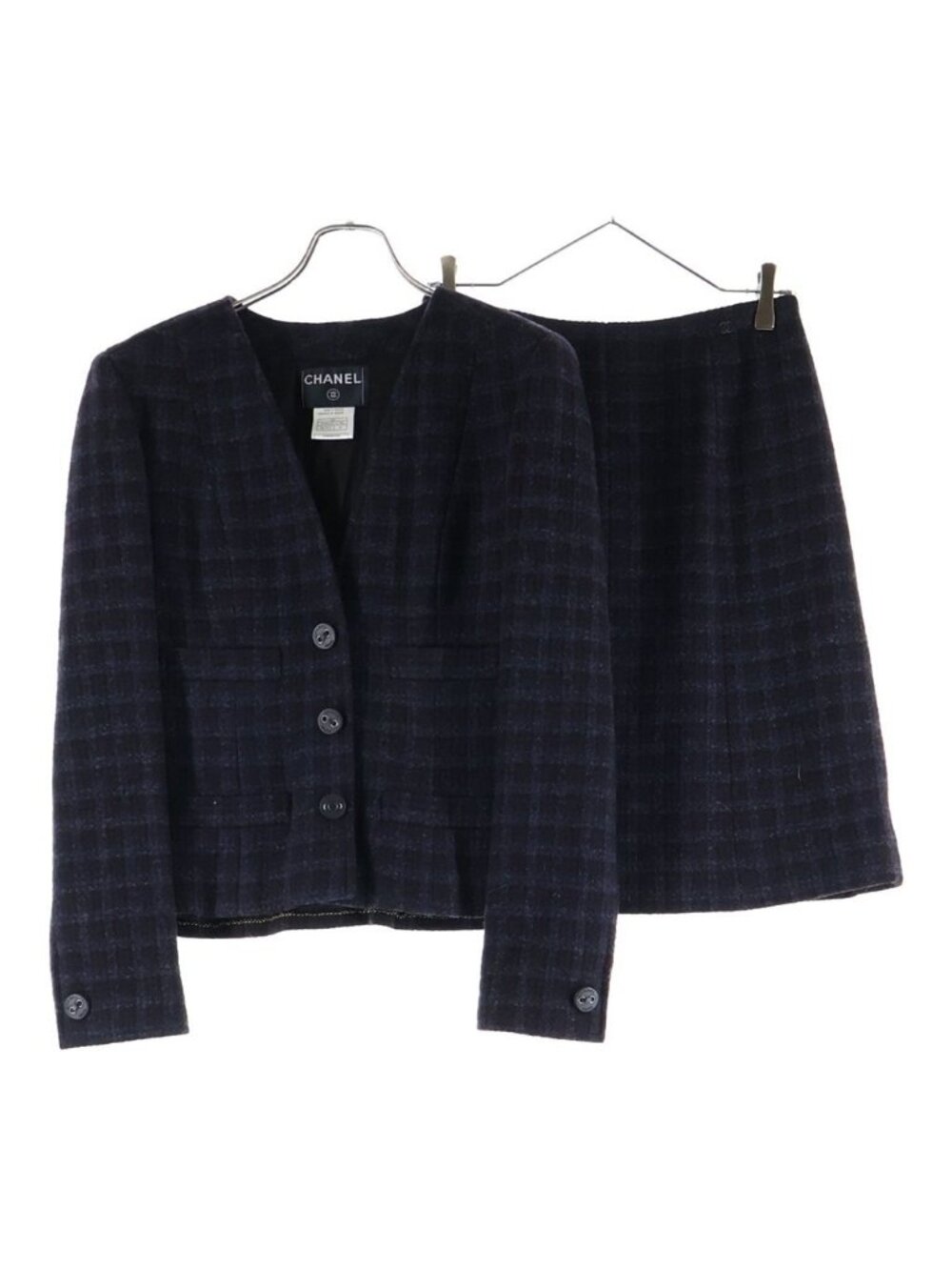 Chanel Check Wool Tweed Set Block Set Collarless Jacket Skirt Navy Brown